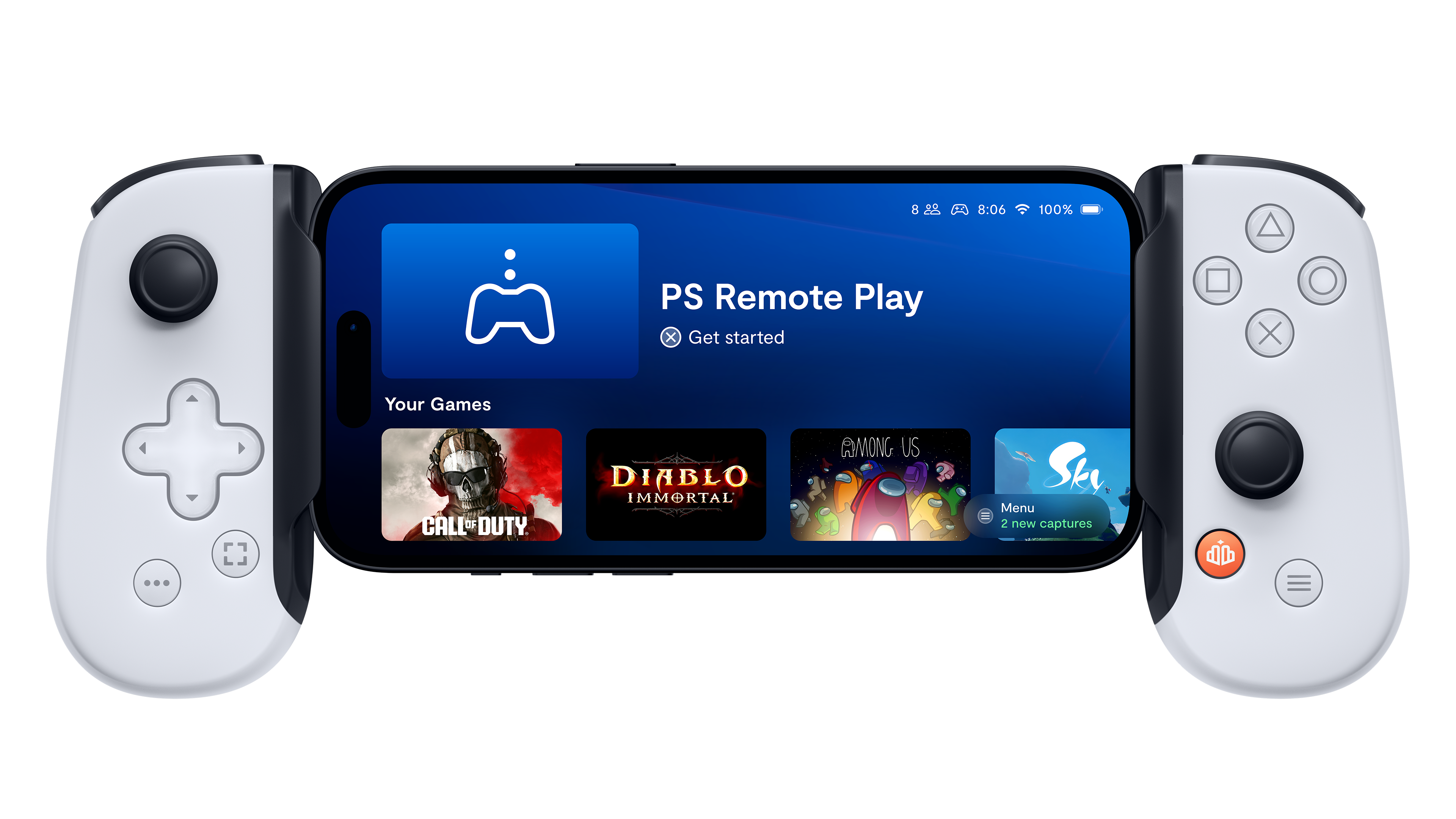 Smartphone with gaming controllers attached, displaying PS Remote Play and various game icons.